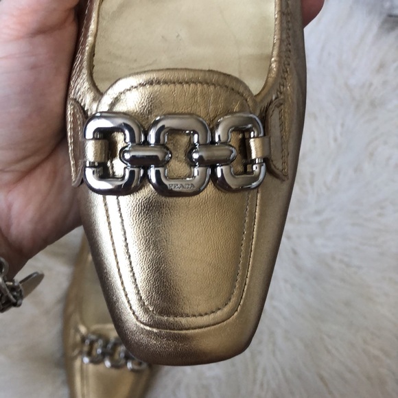 PRADA Gold Leather Flats w/ Silver Chain - Picture 9 of 11